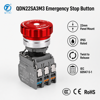 Bouton d'arrêt d'urgence QDN22SA3M3-M11Z CR24V 22mm 1NO1NC à tête champignon métallique autobloquant IP65 avec LED rouge 24V enfichable