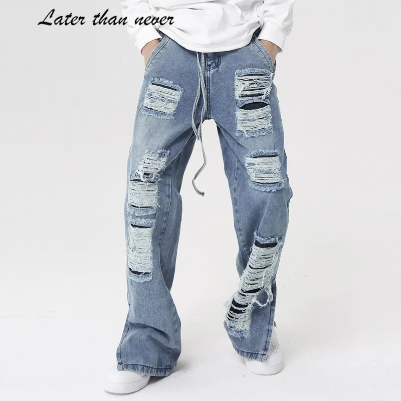 High Street Destroy Hole Blauwe Heren Jeans Straight Slim Fit Gescheurde Denim Broek Herstellen Wassen Jean Broek Voor Mannen