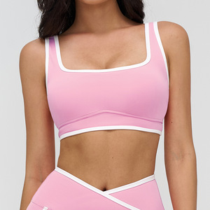 Soutien-gorge de sport pour femmes en gros personnalisé avec logo, de haute qualité, à séchage rapide, à blocs de couleur, à double bretelles, hauts de soutien-gorge pour femmes, entraînement - Product Image 3