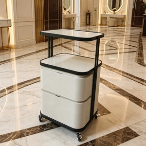 Chariot de rangement roulant moderne en bois à double plateau vitré, 4 roues, 2 tiroirs, pour salon de beauté, soins du visage, cils, spa, clinique, salon de réception - Product Image 4
