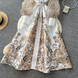 Винтажное платье с цветочным принтом, рукавами-фонариками, воротником-стойкой, летнее, с высокой талией, А-силуэта, элегантное облегающее платье для женщин - Product Image 4