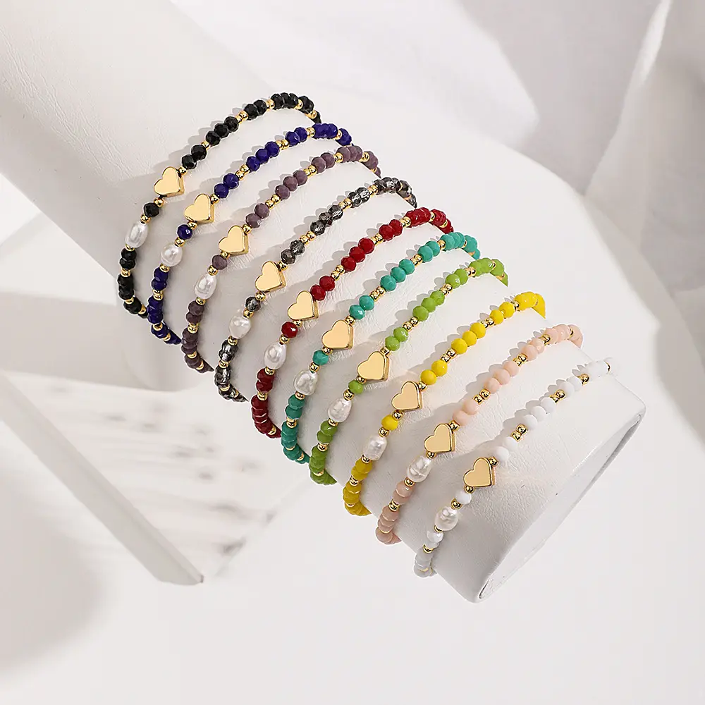 Wholesale Colorful Seed Beads Bracelets Natural Crystal Pearl Beaded Bracelets With Heart Spacer Beads For Women