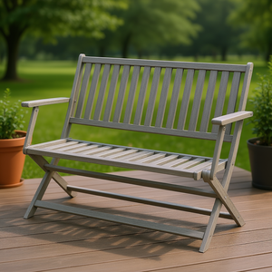 Banc d'extérieur pliable en bois gris pour 2 personnes avec dossier et accoudoirs pour jardin, patio ou véranda - Product Image 2