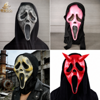 Masque d'Halloween noir à capuche avec motif visage de fantôme blanc pour fêtes costumées, maisons hantées et événements