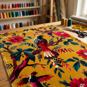 Tissu en velours de coton imprimé à la main, jaune moutarde, à motifs floraux, pour ameublement et quilting, vendu au mètre, imprimé oiseaux - Product Image 1
