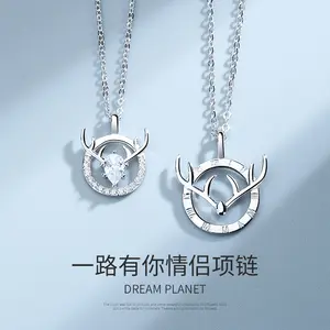 Platinum Plated Deer Pendant Romantic Couple Necklace Have You All The Way Cubic Zirconia Deer Antlers Couple Pendants Necklaces