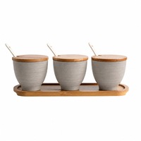 Ensemble de 3 pots à épices de style japonais avec couvercle en bambou, cuillère en céramique et plateau ovale en bambou gris côtelé, salière et poivrière
