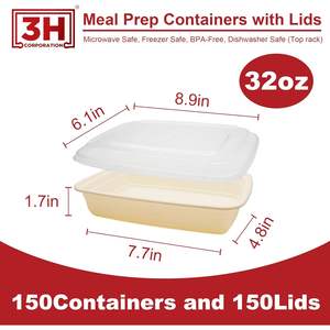Contenants de préparation de repas réutilisables [lot de 150, 32 oz] Contenants alimentaires à emporter avec couvercles - Sans BPA, compatibles micro-ondes/lave-vaisselle/congélateur - Product Image 6