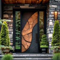 Porte d'entrée principale extérieure de villa moderne en bois massif avec imposte en verre extra-large et design de sculpture 3D luxueux pour pivot