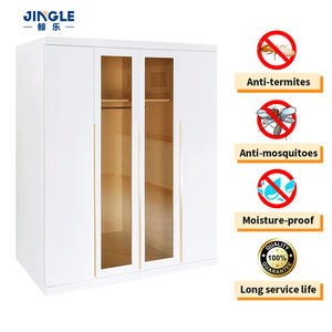 Armoire minimaliste blanche à 4 portes métalliques avec porte vitrée, grande capacité, penderie pour chambre à coucher avec tringle de suspension, mobilier de maison - Product Image 1