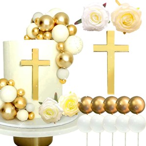Ensemble de décorations de gâteau en forme de croix dorée avec des roses blanches et des pics décoratifs <span class=keywords><strong>pour</strong></span> baptême, première <span class=keywords><strong>communion</strong></span> et mariage - Product Image 1