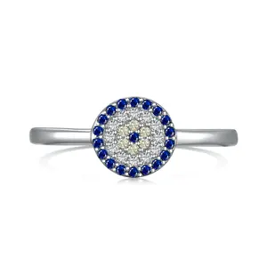 Anillo de banda de ojo redondo de diamante malvado Azul zafiro elegante Dylam en plata de ley 925 diamante 5A Zirconia cúbica y esmalte