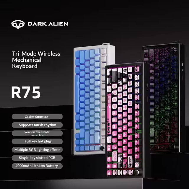 R75 USB Wireless Mechanical RGB Backlit PBT Keycaps Hot-Swappable Keyboard for PC Gaming and E-Sports Sublimation