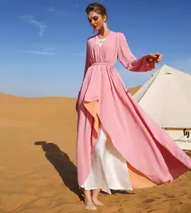Double layer chiffon long sleeved two color two sides cardigan robe Islamic Dubai Abaya long skirts for women muslim fashion