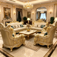 Ensemble de canapés en cuir classique en bois massif sculpté à l'or européen de luxe sur mesure pour le salon
