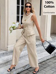 Conjunto Casual de Dos Piezas <span class=keywords><strong>para</strong></span> <span class=keywords><strong>Mujer</strong></span>, Estilo Europeo Americano, Elegante <span class=keywords><strong>para</strong></span> <span class=keywords><strong>Oficina</strong></span>, Top sin Mangas a Rayas, Pantalones Anchos Ajustados - Product Image 3