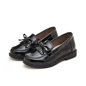 Элегантная лакированная кожа с бантом и кисточками, черные детские туфли на низком каблуке для школы