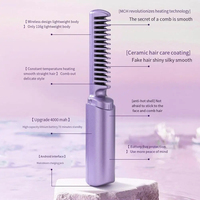 Peigne chauffant sans fil 2-en-1 portable, mini lisseur USB rechargeable à chauffe rapide pour coiffure