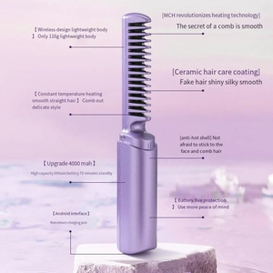 Peine Caliente Inalámbrico 2 en 1, Mini Plancha de Pelo Portátil Recargable por USB, Herramienta de Peinado y Alisado de Cabello de Calentamiento Rápido - Product Image 5