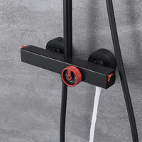 Système de douche moderne pour salle de bain, noir mat, avec jet de pluie rouge, mitigeur thermostatique en laiton à poignée unique et barre coulissante