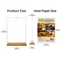 Présentoir en forme de T A4 à base de texture de bois pour l'affichage de menu de restaurant et les fournitures scolaires
