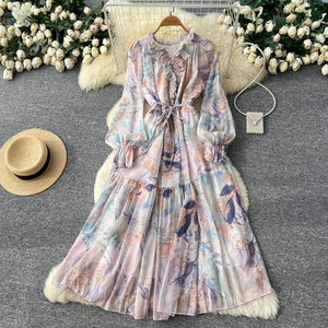 Abito Elegante Stampato dallo Stile Femminile, a Maniche Lunghe <span class=keywords><strong>con</strong></span> Lacci in Vita e Design Aderente, Ideale per un Look da Vacanza - Product Image 4