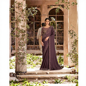 Sari de Polietersulfona de la India y Pakistán, Ropa de Invierno 2022, Hecho a Mano, Bordado Floral, Manga Abullonada, Cuello en V, Alta Calidad, Venta al Por Mayor - Product Image 3