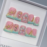 Tips Kuku Bentuk Bebek Buatan Tangan Pink Teal Gradasi Emas Bintang Laut 3D Bunga Daun 10 Pcs Full Coverage Kuku Tempel