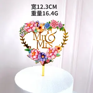 Cartão de casamento personalizado com acrílico plug-in para bolo de feliz aniversário com estampa colorida de 12 cm