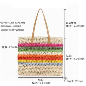Bolso de Hombro de Mujer con Rayas Arcoíris, Bolso de Playa de Paja Tejida, Venta al Por Mayor - Product Image 5