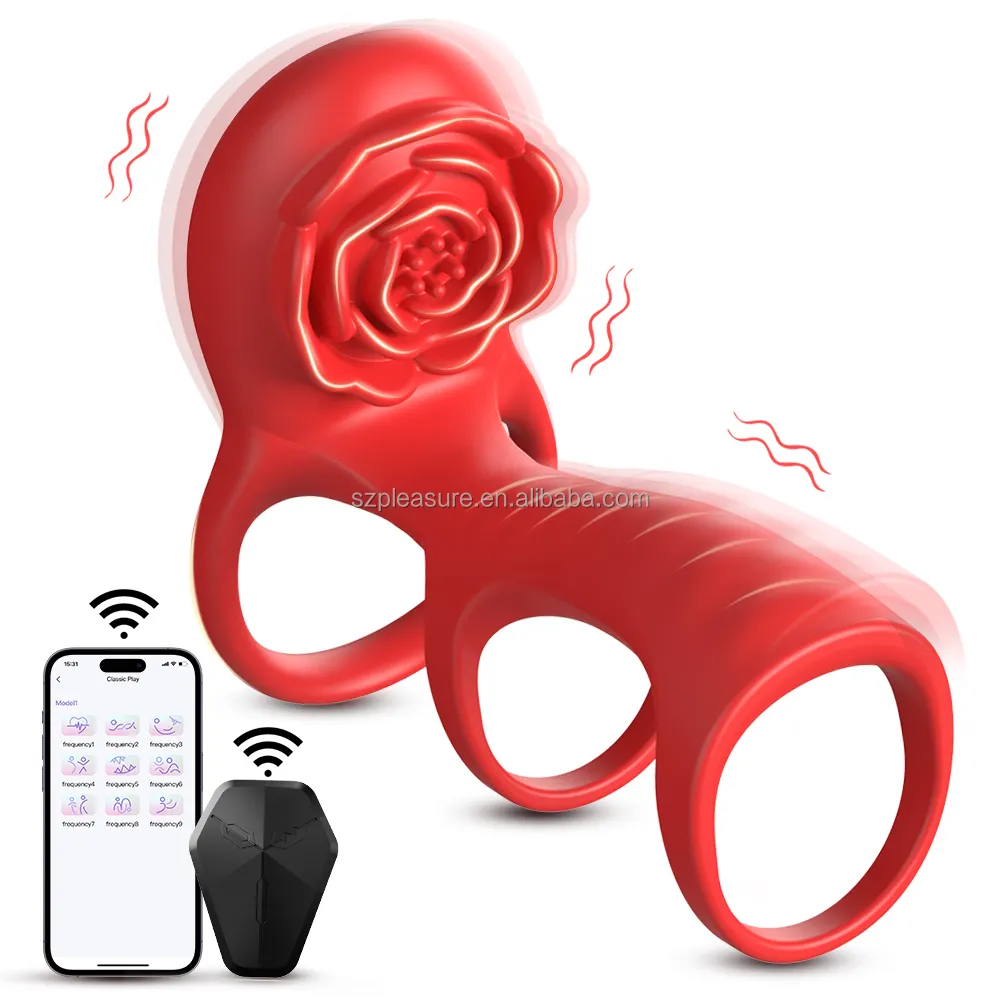 Cincin pintar dengan aplikasi Stimulator klitoris mawar mainan seks Remote control Vibrator cincin Penis untuk pasangan