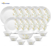 Service de table 19 pièces en verre opale jaune motif floral, bord festonné, assiettes, bols, cuillères, compatible micro-ondes pour usage domestique quotidien