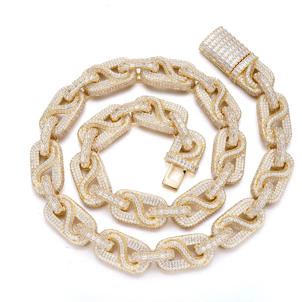 Hiphop Rapper Iced Out Chunky 14mm Real Gold Plated Baguette Diamond Cuban Link Chain Necklace