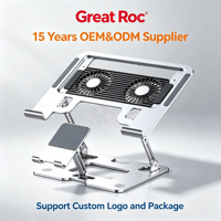 Support pour ordinateur portable Great Roc 2 en 1 avec support pour téléphone, ventilateurs de refroidissement, réglable, pliable, en acier carbone, pour ordinateur portable et tablette