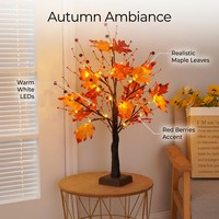 Arbre d'érable d'automne en plastique lumineux à LED Yuntu avec baies rouges, alimentation double (pile et secteur), décoration de table, IP44 résistant aux éclaboussures, lumière chaude