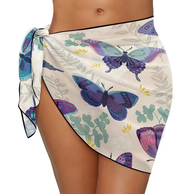 Fashion Trend Vintage Butterfly Floral Women's Short Sarongs Beach Wrap Sheer Bikini Wraps Chiffon Cover Ups for Swimwear Custom