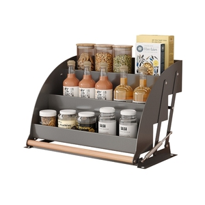 Sistema di Sollevamento Senza Foratura, Organizzatore <span class=keywords><strong>a</strong></span> 3 Ripiani per Armadi da <span class=keywords><strong>Cucina</strong></span> con Maniglia in Legno, Portaspezie Estraibile <span class=keywords><strong>a</strong></span> Parete - Product Image 1