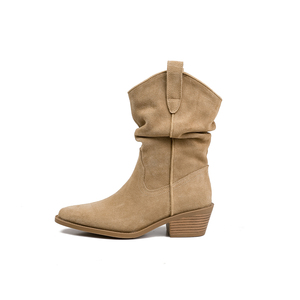 Botas Vaqueras Occidentales para Mujer, Color Beige, Gamuza, Punta Cuadrada, Media Pantorrilla, Tacón Apilado, Estilo Holgado - Product Image 1