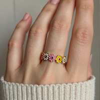 Cincin Manset Terbuka Lapis Emas 18K PVD Baja Tahan Karat, Cincin Jari Adjustable Motif Bunga Enamel Warna-warni, Perhiasan Fashion Wanita