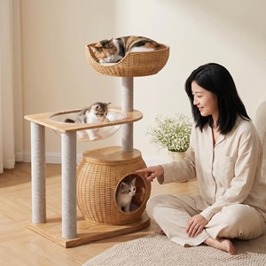 Árbol rascador para gatos de madera maciza y ratán integrado, casa para gatos, plataforma de salto, cápsula espacial, rascador pequeño para gatos - Product Image 3