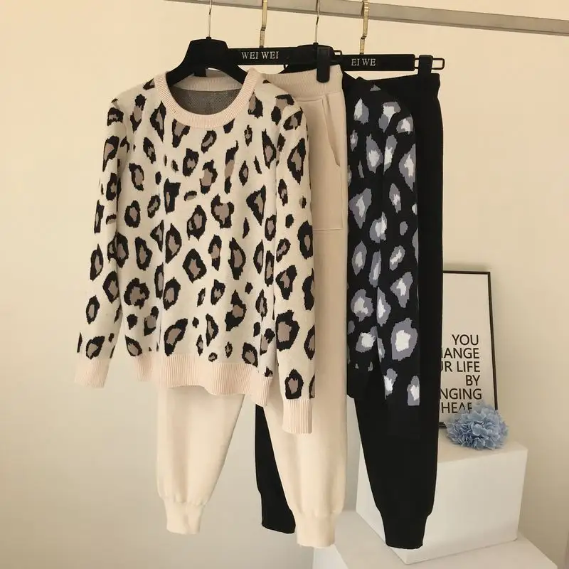 New Autumn Winter Leopard Fashion Lady's Elegant Knitted Pants 2 Piece Set Women Knit Track Suit Fall Sweaters for Women 2022