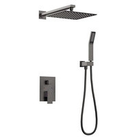 Système de douche en laiton noir mat avec pommeau de pluie carré, douchette à main et panneau de commande
