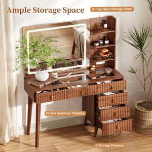 PHOENIX HOME Modern Glass Top <strong>Dressing</strong> <strong>Table</strong> <strong>Large</strong> <strong>Mirror</strong> 6 Drawers Storage Shelves Walnut Fluted Makeup Vanity Desk - Product Image 5