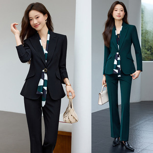 Women's Suit <b>Set</b> Black Slim Fit Flared Trousers Anti-Wrinkle <b>Office</b> Lady Autumn Polyester Worsted Full Sleeve - Product Image 1