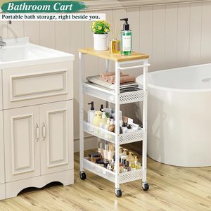 CF 9.1 Inch Ultra Slim Narrow Gap Metal <strong>Wood</strong> 4 Tier Mobile Kitchen Pantry <strong>Shelving</strong> Utility Rolling <strong>Storage</strong> Cart for Bathroom - Product Image 6