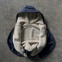 Sweat-shirt à capuche entièrement zippé doublé en sherpa personnalisé, extérieur en molleton bleu foncé, broderie de lettres en chenille, sweat-shirt chaud d'hiver