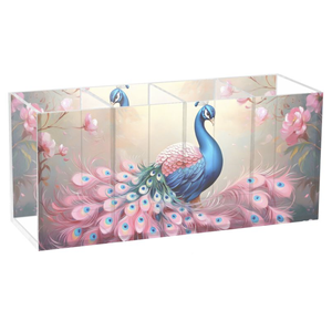 Organisateur de vanité en acrylique imprimé UV motif paon esthétique, support multifonctionnel pour pinceaux de maquillage et boîte de rangement de papeterie de bureau - Product Image 3
