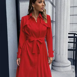 캐주얼 트렌치 코트 기질 슬림 Pleated 숙녀 드레스 2022 유럽 및 미국 핫 세일 여성 긴 소매 드레스