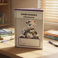 Carnet d'exercices Ghana personnalisé avec logo, formats A1, D1, G, A2, couverture en carton ivoire, reliure agrafée avec impression UV et CMJN, journal