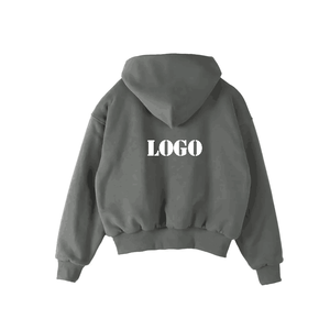 Sudadera con capucha para hombre, diseño liso, con logo personalizado, cierre corto con cremallera, color gris, de algodón, sin cordón, talla grande, en oferta. - Product Image 2